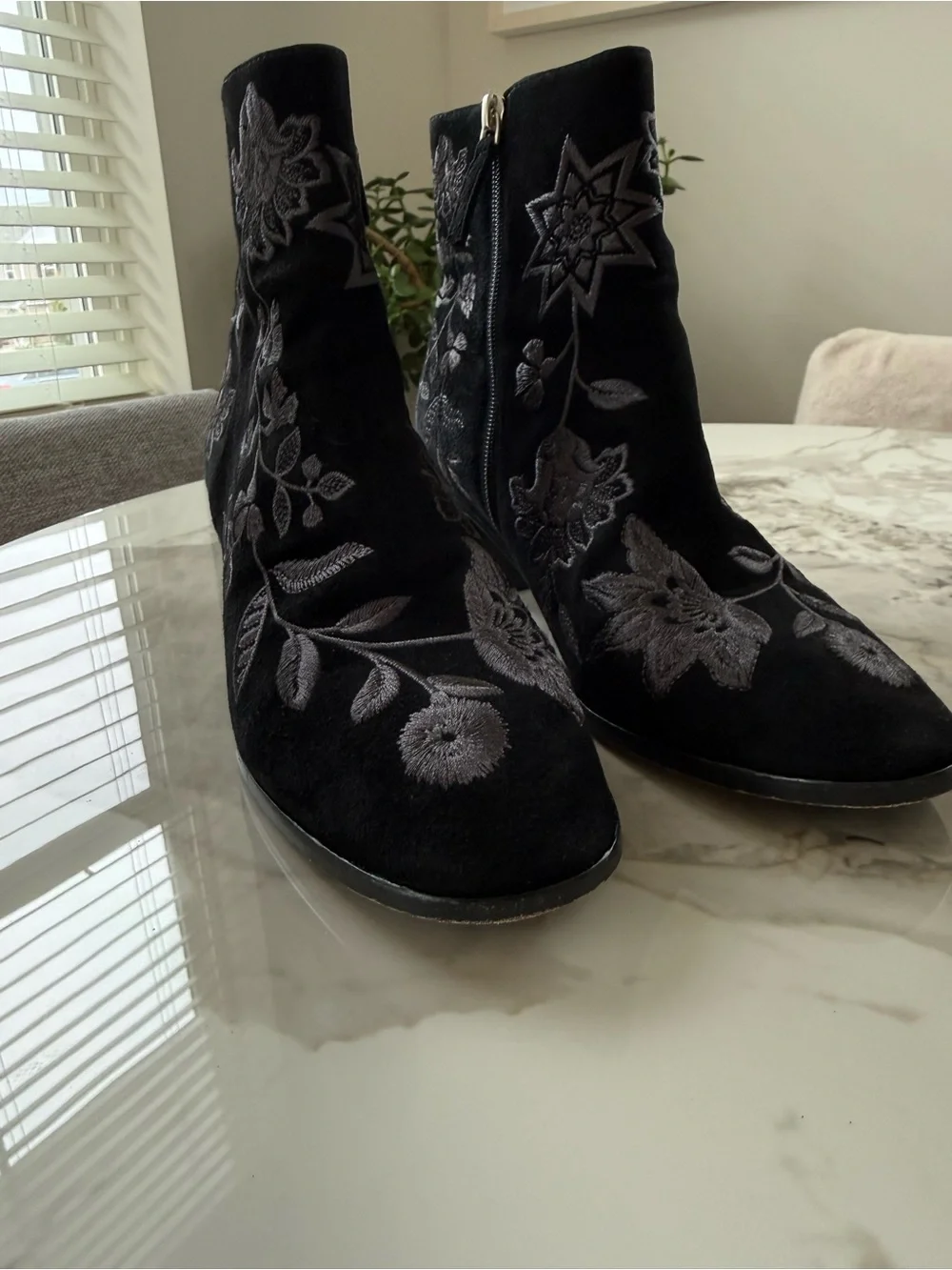 Johnny Was Black Suede Ankle Boots with Silver-Gray Floral Embroidery - Picture 3 of 9